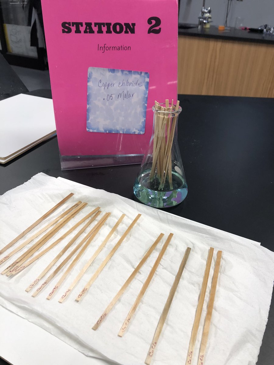 NancyTrent4Math's tweet photo. Copper(II)chloride soaked splints ready for flame test today @WeAreAda chemistry class. Teacher prep time ~2 hrs using 5 salts. Anyone else stay after school to prep labs? https://t.co/XGm6E1A7sQ