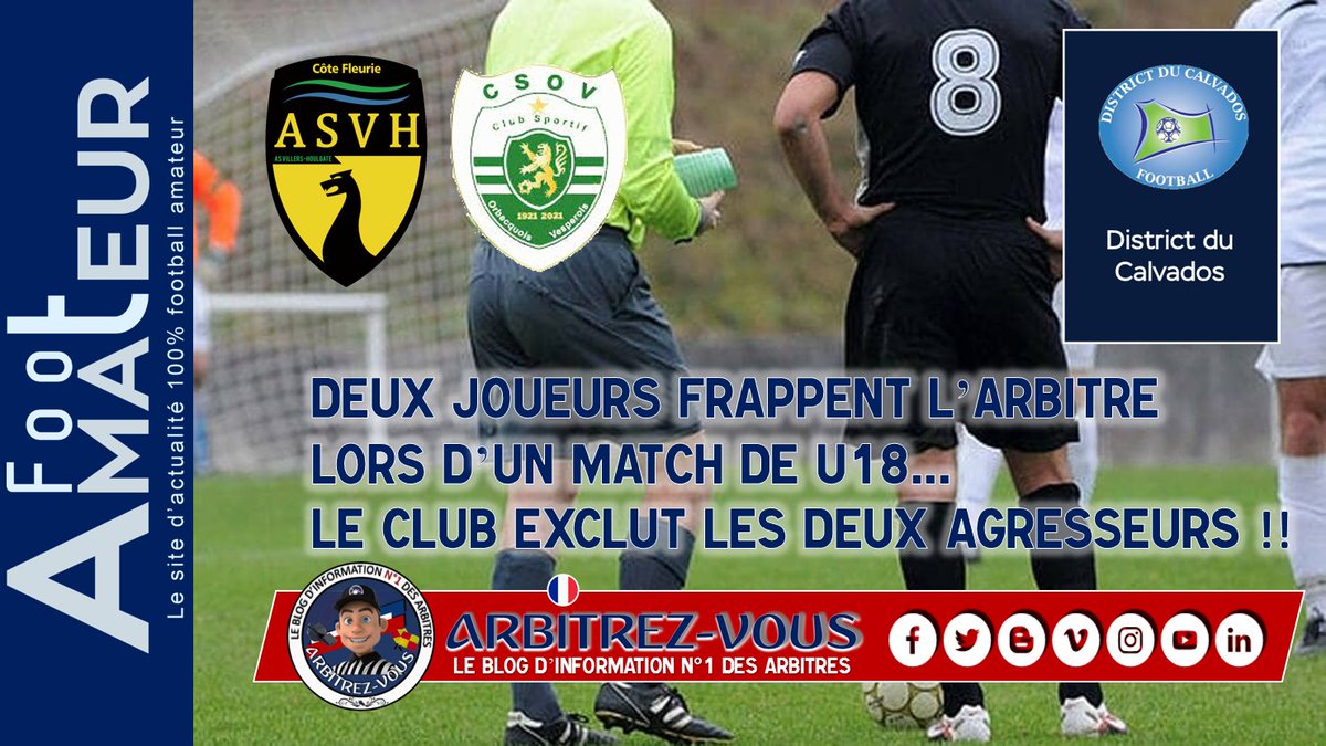 ArbitrezVous's tweet photo. #AlerteAgressionArbitre #RasLeSifflet
#CALVADOS : Arbitre frappé à Villers-Houlgate en U18, le club exclut les deux agresseurs... par @footamateur_fr
ℹ https://t.co/fC2ZOsysIl
@ArbitresSAFE @UnafArbitres @FFF @LFNofficiel @fbleubnormandie @FOOT_NORMAND @Sport_PN @Sports_gouv https://t.co/tId7Ih9QOB