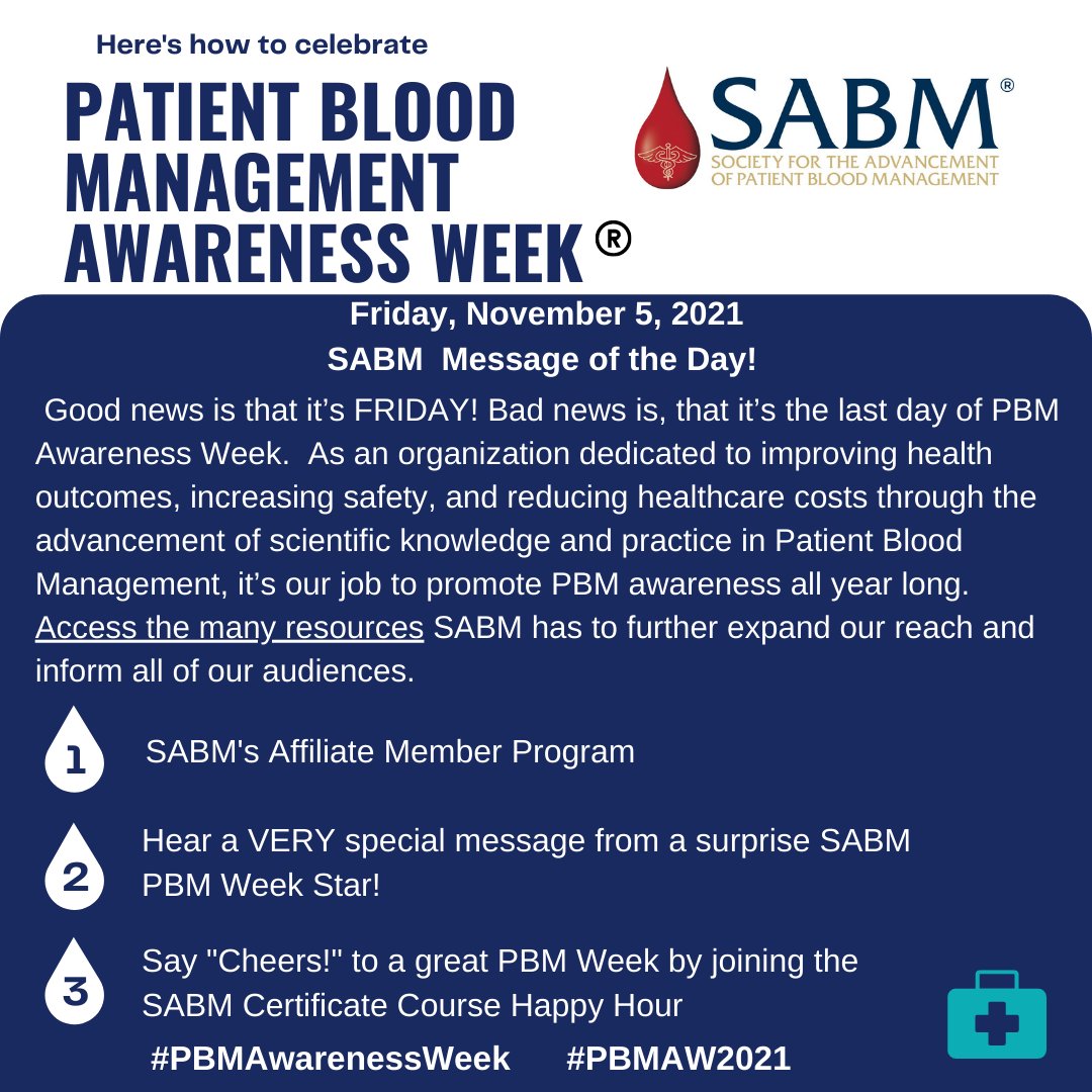bloodmgmt's tweet photo. Good news & bad news. Good news is that it’s FRIDAY! Bad news is, that it’s the last day of PBM Awareness Week. ☹ Access #SABM resources to further expand our reach & inform all of our audiences. >>> https://t.co/y43cSHibel
#PBMAWeek2021 #SABMPBMAwarenessWeek https://t.co/KBNeSUYiZr