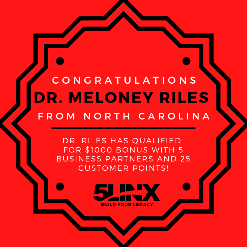 myepiccompany's tweet photo. Congratulations to Dr. Meloney Riles from North Carolina. Dr. Riles has earned a $1,000 bonus with 5 business partners & 25 customer points. Way to go! #5LINX #BuildYourLegacy https://t.co/hA5iqOTrvi