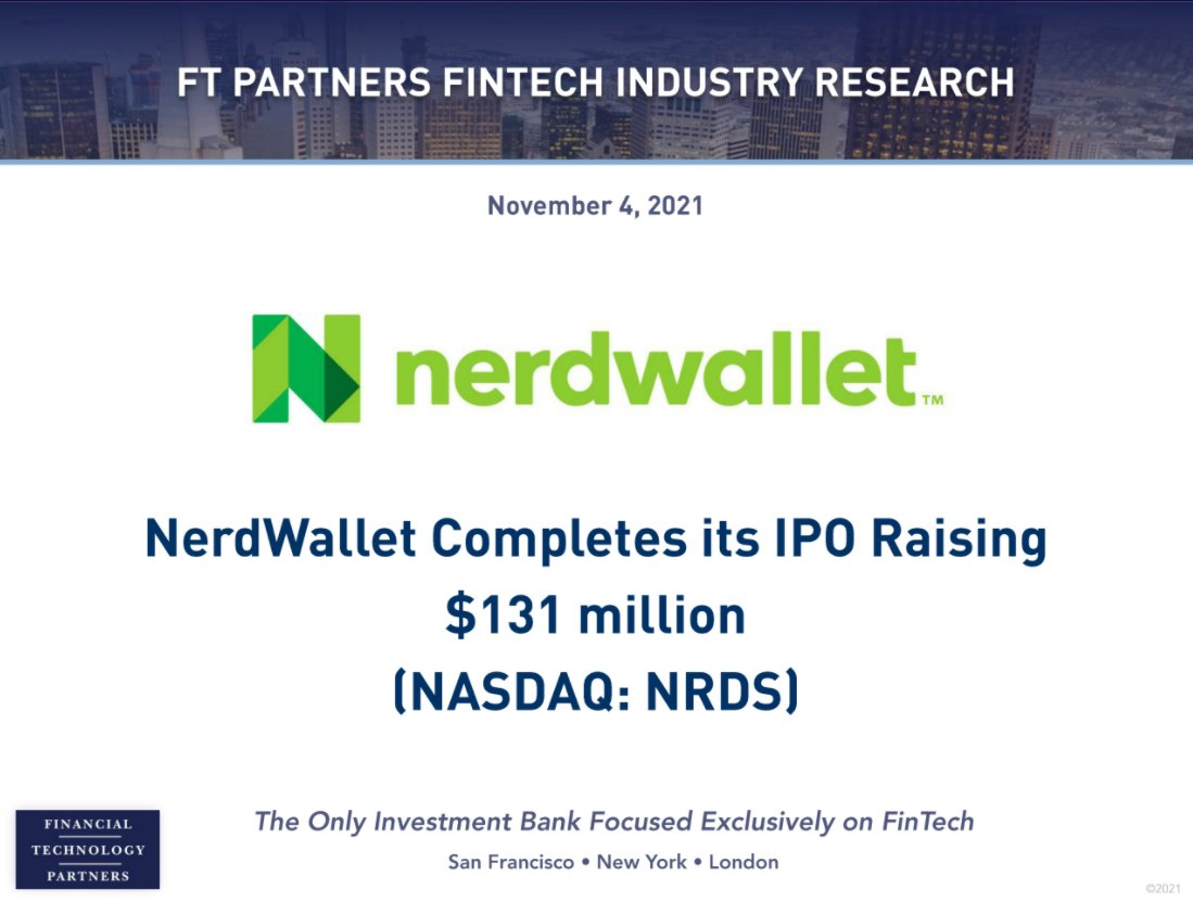 FTPartners's tweet photo. Financial guidance platform and marketplace @NerdWallet raises $131 million in its IPO on Nasdaq (“NRDS”) after pricing at $18 per share – after the first day of trading the stock closed at $28.30 https://t.co/NfWEhs63KY #FinTech #PersonalFinancialManagement https://t.co/FnbtbegMDG