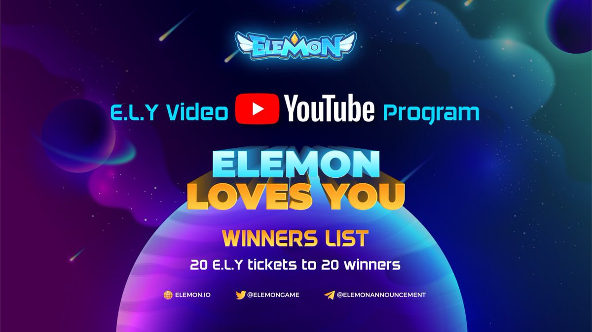 🌟 20 Youtube Contest Winners for E.L.Y Whitelist - Elemon has completed the verification process: docs.google.com/spreadsheets/d…
 
🌟Youtube Contest Winners can lock your BUSD to join in the public sale from 1:02 PM(UTC) NOV 05, 2021 at app.elemon.io