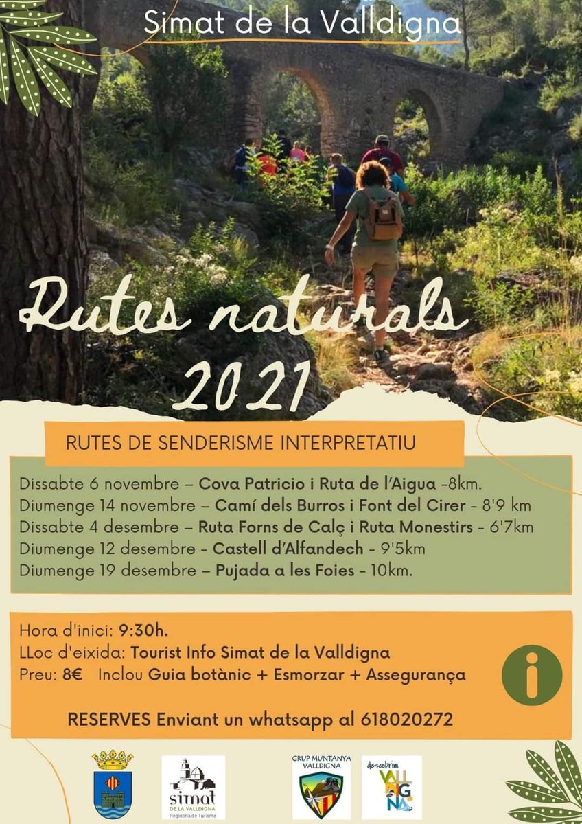 saforturisme's tweet photo. 📣Us compartim les rutes naturals programades des de Simat de la Valldigna durant aquests últims mesos de l'any.

⏱Hora d'inici: 9:30h
📍Lloc d'eixida: Tourist info Simat de la Valldigna
👉Preu: 8€ Inclou: Guia botànic + Esmorzar + Assegurança
➡️Reserves: via whatsapp 618020272 https://t.co/nc3AfpKu6D