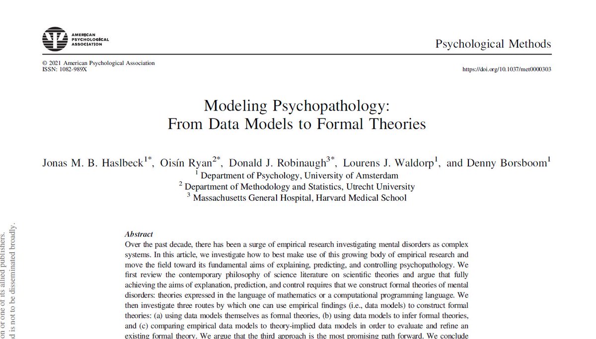Mental disorders are complex phenomena, and to understand them we need formal theories

Now out in Psych Methods we argue why this is the case &amp; show what role empirical data and statistical models play in informing theory
psycnet.apa.org/record/2022-00…
<a href="/jonashaslbeck/">jonas haslbeck (jmbh.bsky.social)</a> <a href="/BorsboomDenny/">Denny Borsboom</a>