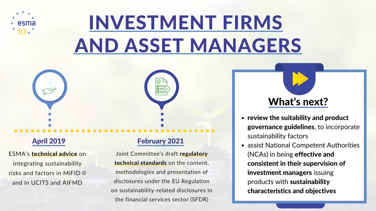 ESMAComms's tweet photo. One of #ESMA's sector-specific contributions to #SustainableFinanceEU are in the area of investment management - investment firms and funds. #ESMAprotects
What have we done and what is in the cards? https://t.co/vxuL1oS4V1
