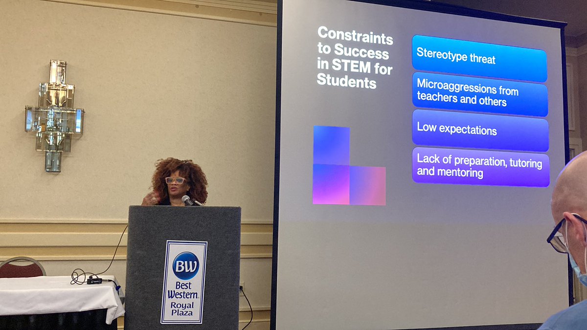MAscienceteach's tweet photo. Four major constraints to success for students in STEMed shared by Dr Nsiah-Jefferson. How are we as a #MAScienceTeach pulling down these roadblocks for our students to succeed? #MAST2021 https://t.co/2kt0bRyvqV