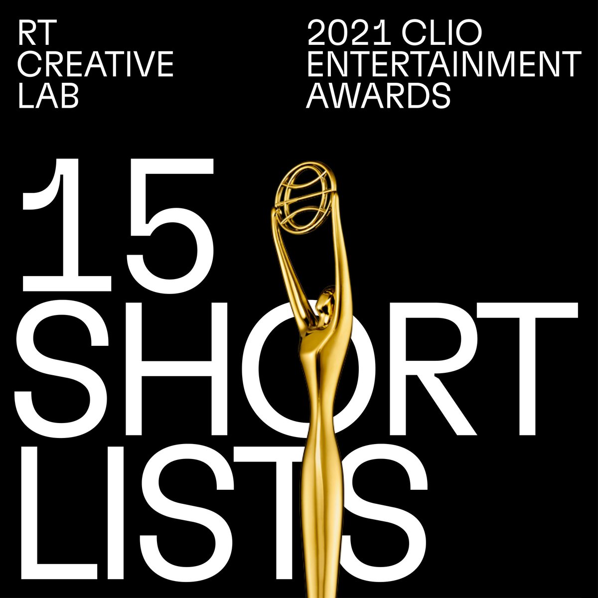 We’re happy to announce we’ve received 15 #ClioEntertainment Award shortlists at the
@ClioAwards!  

Fully one third of all ‘Television/Streaming: Digital/Mobile &amp; Social Media Craft’ shortlists went to <a href="/RTcreativeLab/">RT Creative Lab</a>. 5 out of 15!
