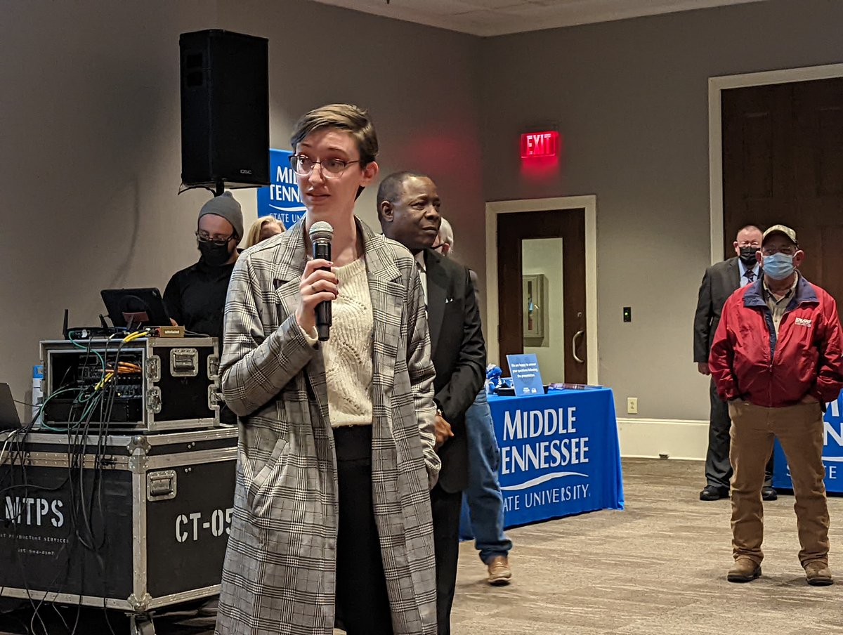 MTSU's tweet photo. There's nothing we love more than seeing our alum follow their dreams! 🥳 @MediaCollegeMT alum and @JSunNews reporter @angele_latham spoke at last night's True Blue Tour in Jackson! #trueBLUE #trueBLUEproud #IChooseTrueBLUE 
@PresidentMcPhee https://t.co/cTfbQNa0x8