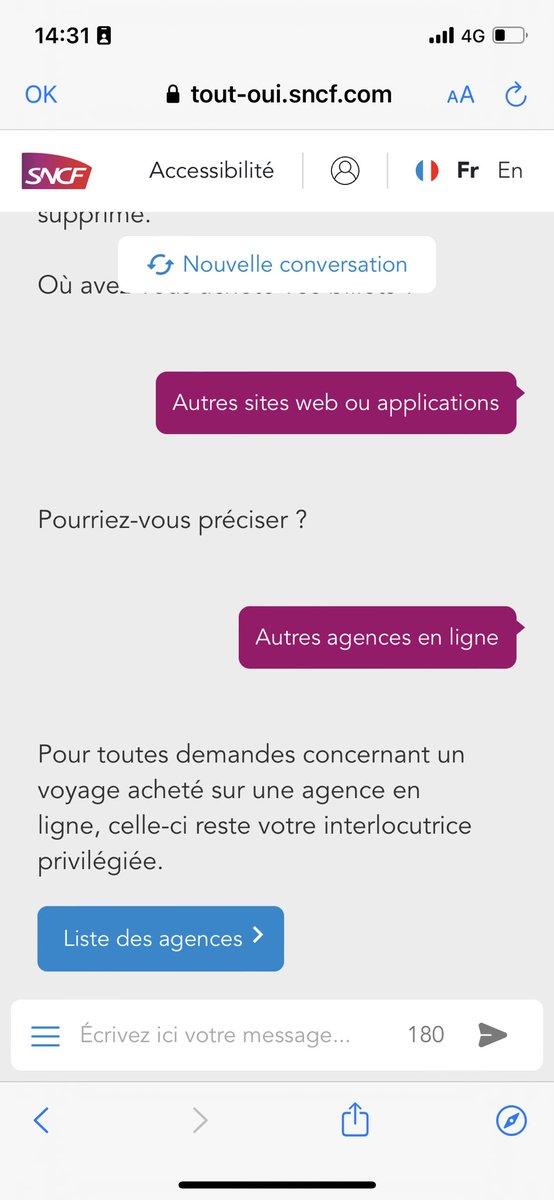 JulienBorrelli's tweet photo. @SNCF Merci, mais en suivant la procédure, le chat bot me demande où j’ai acheté le ticket. Et donc pour Trainline ça me fait quitter l’interface (voir capture d’écran). Que proposez-vous donc pour m’aider dans la situation? Merci https://t.co/6jVjkmd2JM