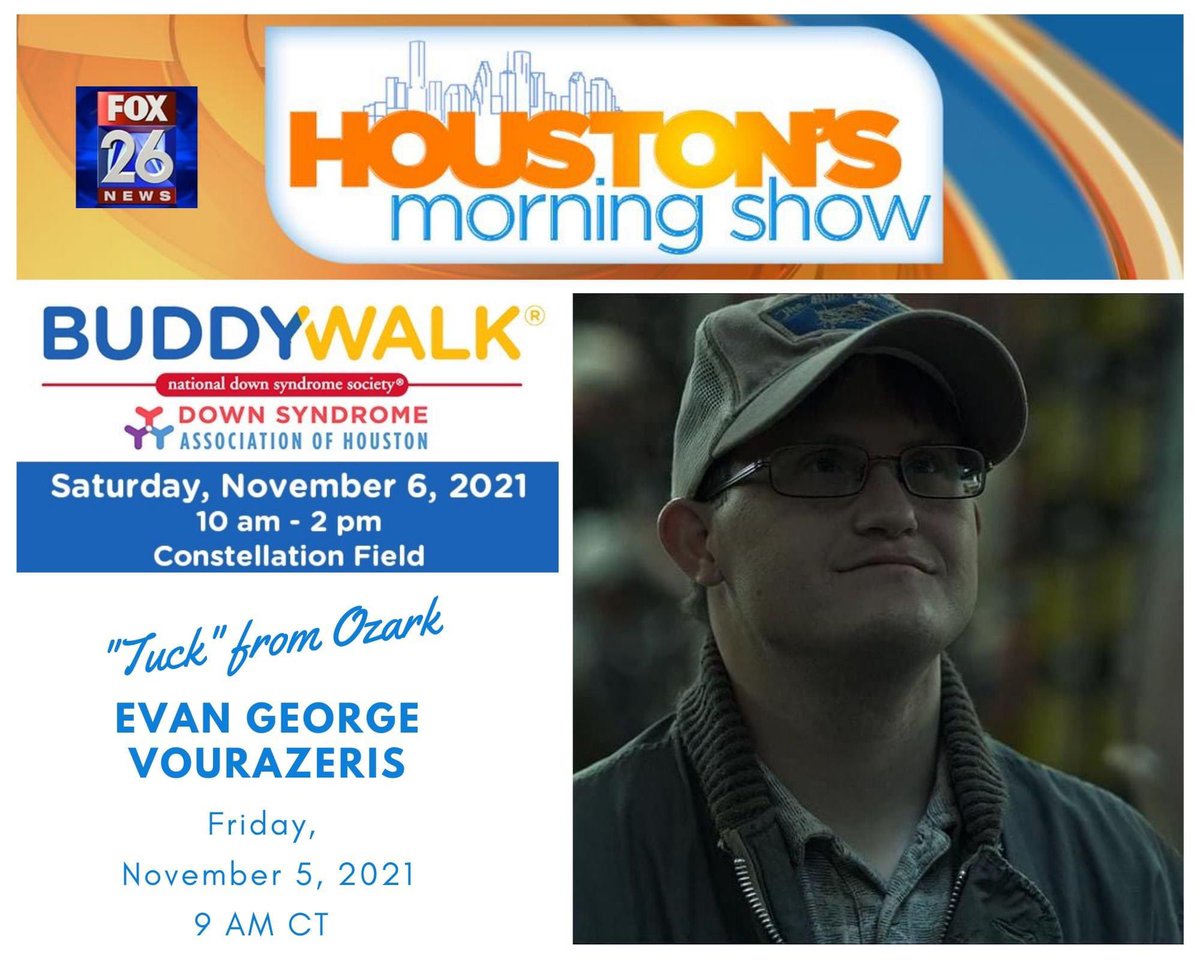 NinaHargisPR's tweet photo. Tune in at 9 AM CT to watch @MelissaFox26 @FOX26Houston interview actor, advocate, and speaker @EvanGVourazeris about his role as "Tuck" on the Emmy-award winning @Ozark on @Netflix and Down Syndrome Association of Houston’s Houston Buddy Walk. https://t.co/7khs56jTil
#houston https://t.co/IsRwauRNRN