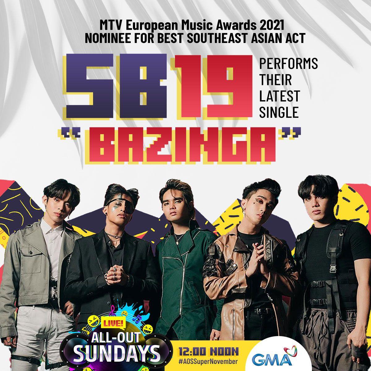 Check it out, A'TIN!  😉

P-Pop boy group and MTV European Music Awards 2021 Nominee for 'Best Southeast Asian Act' #SB19 will be performing their latest single "Bazinga" on #AllOutSundays this November 7! Tune in at 12:00 noon!