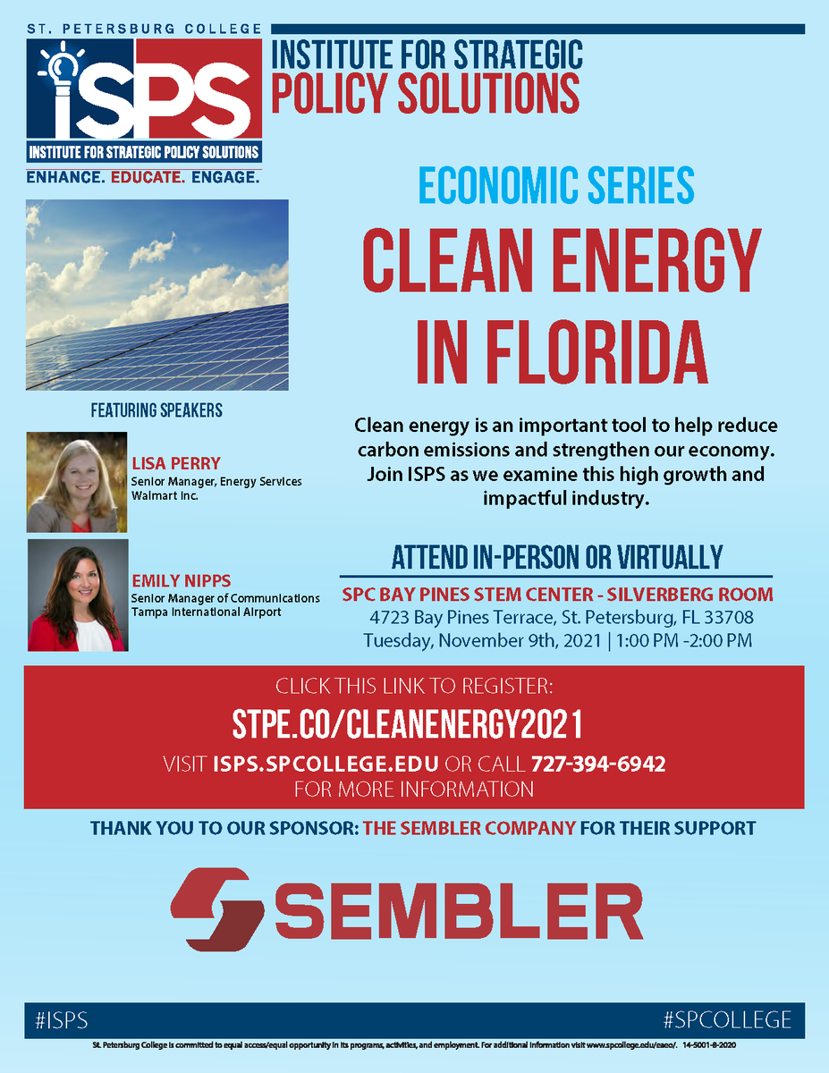 sam_j100's tweet photo. ISPS is hosting a great program on Nov. 9th, at 1pm  at the Bay Pines STEM Center!

We have two great speakers:
• Lisa Perry, Senior Manager, Energy Services at @Walmart
• Emily Nipps, Spokesperson/Senior Manager of Communications at @flytpa

Register: https://t.co/dHOp82dT7q https://t.co/BNtFfqkMLE