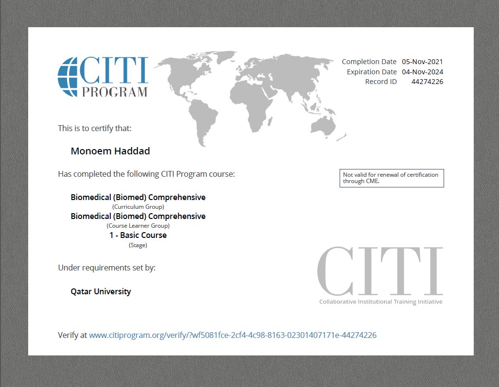 MonoemTKD's tweet photo. Just achieved Biomedical (Biomed) Comprehensive Course – @citiprogram Course – under requirements set by @QatarUniversity. @QUCED. 
@QUResearch @QU_Int 

#Biomedical #Qataruniversity #CITI #Cetification https://t.co/ZS7ZeeOSt3