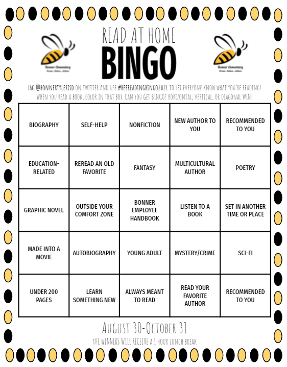 BonnerTylerISD's tweet photo. #BeeReadingBingo2021 is complete! Thank you to Mrs. Burns, Mrs. Everett, and Mrs. Smith for completing your bingo reading challenges! Also thank you to everyone who participated and showed students that reading can be fun! #TylerISDLibraries #BonnerBees #BeesRead 🐝📚🧠 https://t.co/k8DFo0B6AD