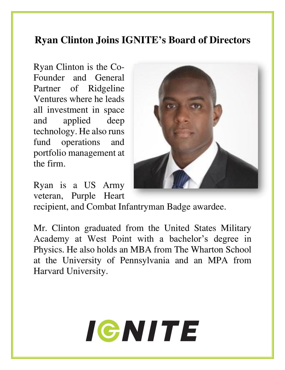 ignite_now's tweet photo. IGNITE is honored to welcome Ryan Clinton as a member of our Board of Directors. Ryan brings knowledge in management and investments in the DoD space. We are excited to add Mr. Clinton to the IGNITE family.
#IgniteImpossible #boardofdirectors https://t.co/RkcAlWUml1