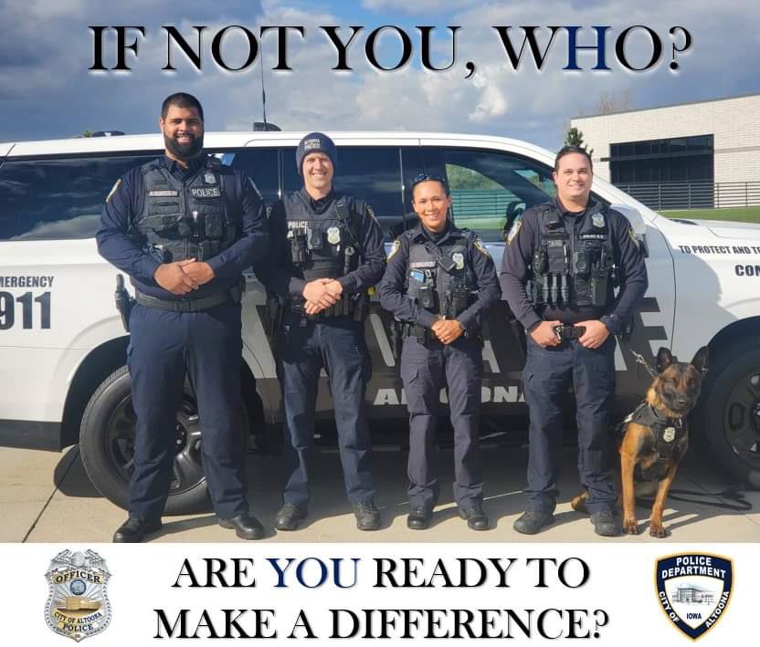 LtWilson252's tweet photo. ‼️HIRING POLICE OFFICERS
Looking for community environment, but want the excitement of “big” calls? You found it: @AltoonaPD_Iowa 
Defund the police?🚫Not here. Our Cop’s Chief, Mayor, &amp; City Council support us!
🖥  https://t.co/l5qpm4shLf 
@CityofAltoonaIA @Altoona_Chamber https://t.co/wa9Jwj4ncy