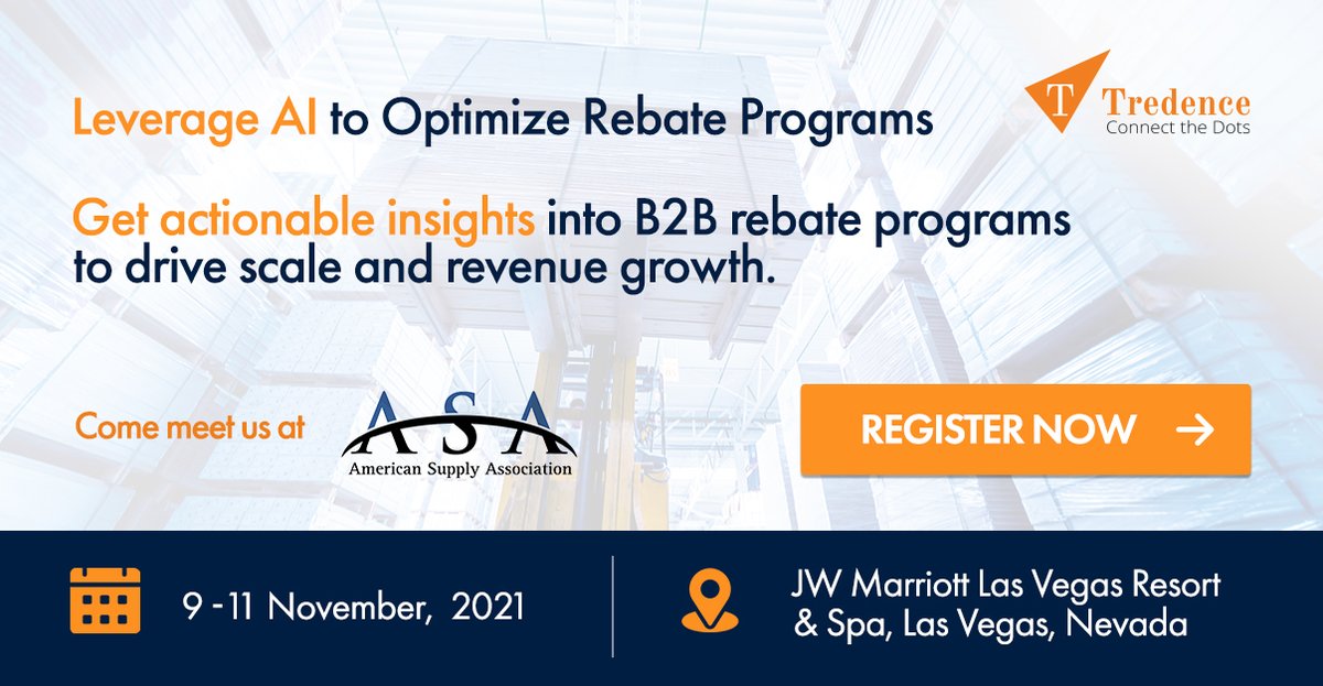 TredenceInc's tweet photo. At Tredence, we are committed to bringing multi-dimensional intelligence and clarity to the convoluted ecosystem of rebates. We look forward to meeting you at ASA NETWORK event at JW Marriott Las Vegas Resort &amp; Spa from 9th to 11th November’ 21. Register- https://t.co/DOnc1P8FM4 https://t.co/vnNdaVFyAO
