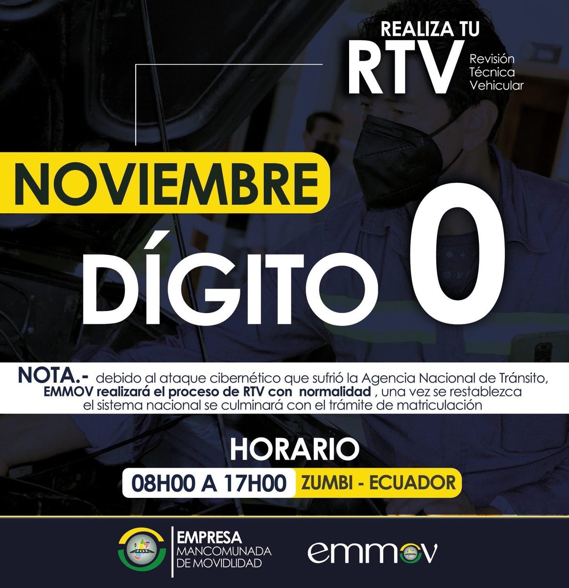 EmmovZch's tweet photo. 📣 Hey!!!!
💬 Recuerda en #Noviembre revisa tu vehículo terminado en 0️⃣
Ven realiza la #RTV en #Zumbi
Ante el ataque cibernético a la ANT, #EMMOV realizará con normalidad el proceso #RTV, una vez se restablezca el sistema nacional se culminará con el proceso de matriculación https://t.co/oOXzooMD4r