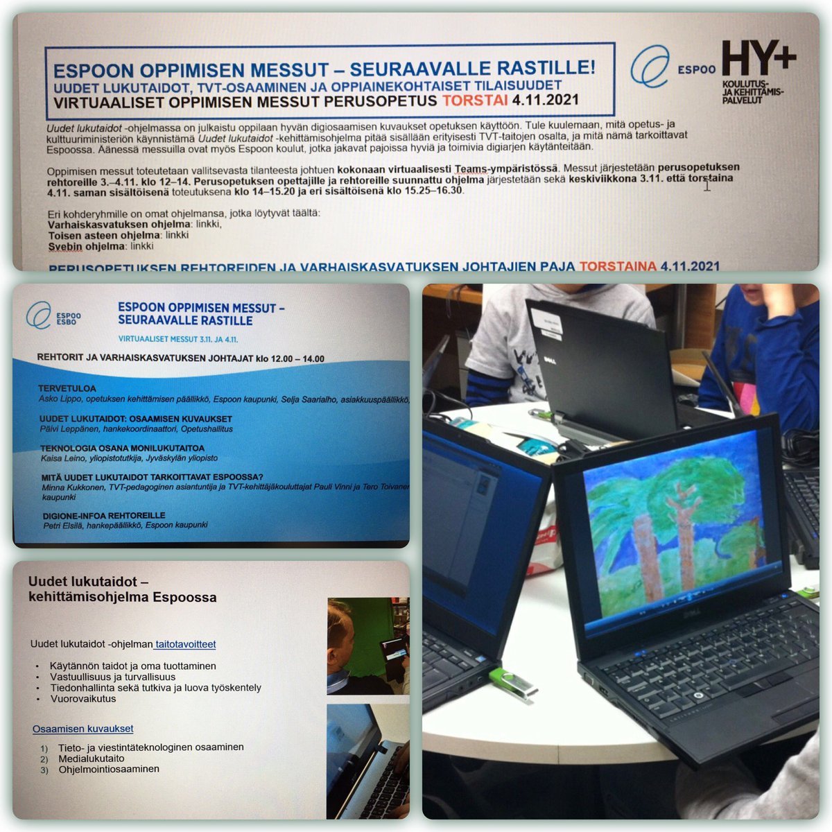 Kiitos oppimisen messuille <a href="/EspooEsbo/">Espoon kaupunki</a> osallistuneille johdon edustajille, opettajille, esiintyjille ja järjestäjille! Innostavat kaksipäiväiset virtuaalimessut kokosivat kasvatus- ja opetushenkilöstöä varhaiskasvatuksesta lukioon osaamisen kehittämisen äärelle! <a href="/HyPlusHelsinki/">HY+ Helsinki</a>