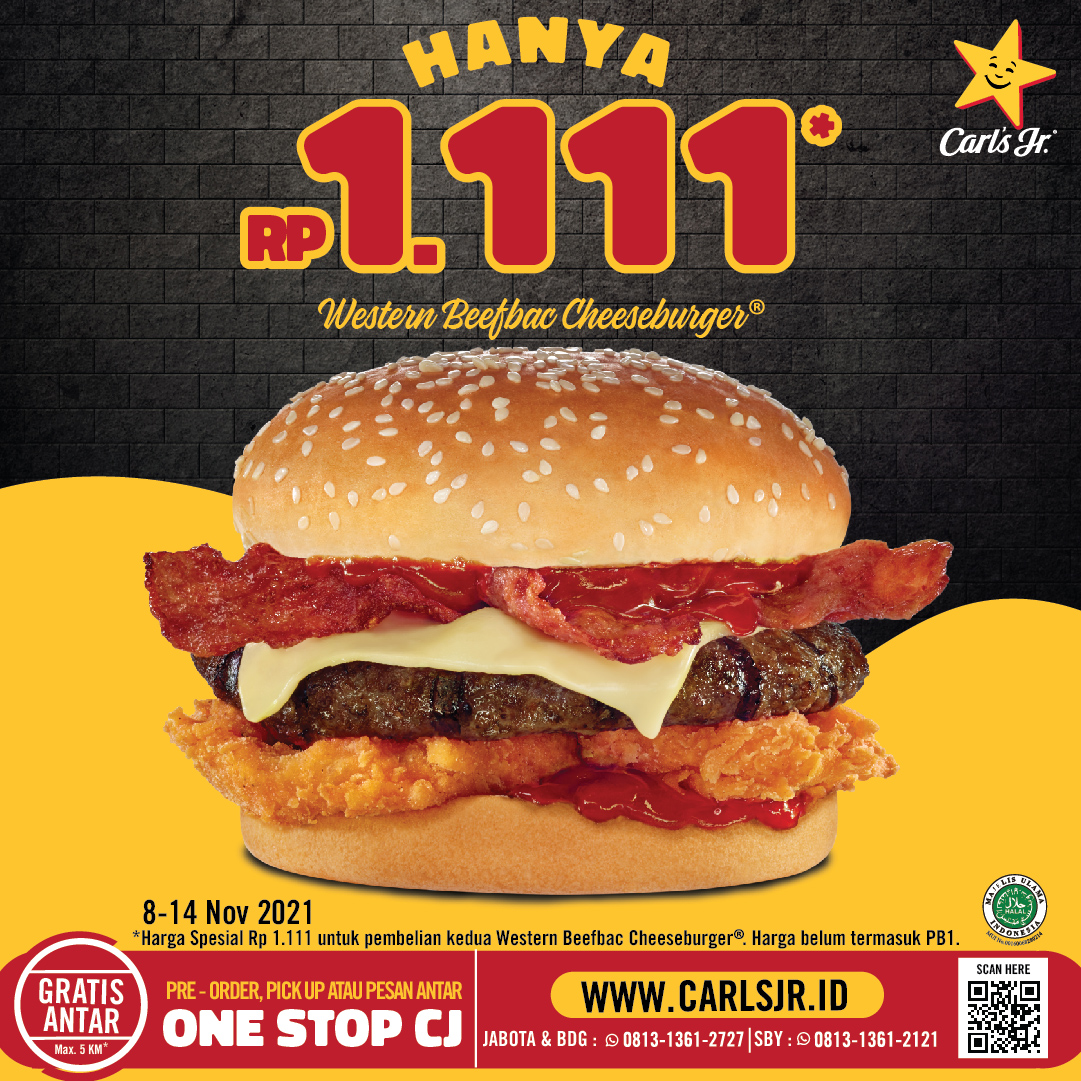 CarlsJrID's tweet photo. Dapatkan harga special Rp 1.111 untuk pembelian ke 2 Western Beefbac Cheeseburger.  Promo berlaku untuk dine in, take away, One Stop CJ dan juga pesan antar lewat Grabfood, Gofood, juga Shopeefood. #CarlsJrID #CarlsJr #Chargrilledburger https://t.co/i9mB7mdxSp