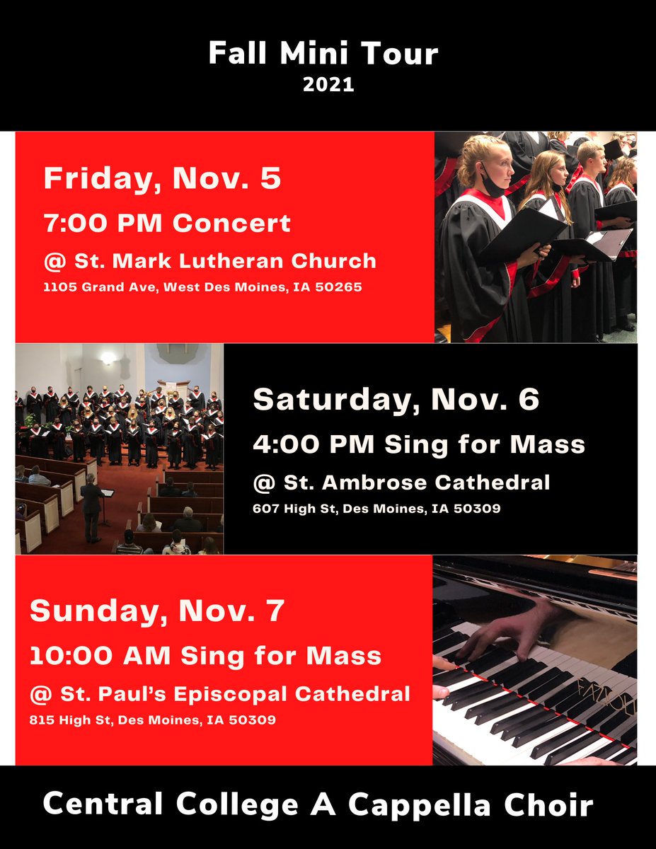 Central_ACC's tweet photo. Fall Mini Tour is officially underway!

Here’s a reminder of our performances this weekend; we hope you see you tonight at 7:00 for our concert! 

We are thrilled to make beautiful music for you. 

#CentralACC https://t.co/iI5b2H7veu