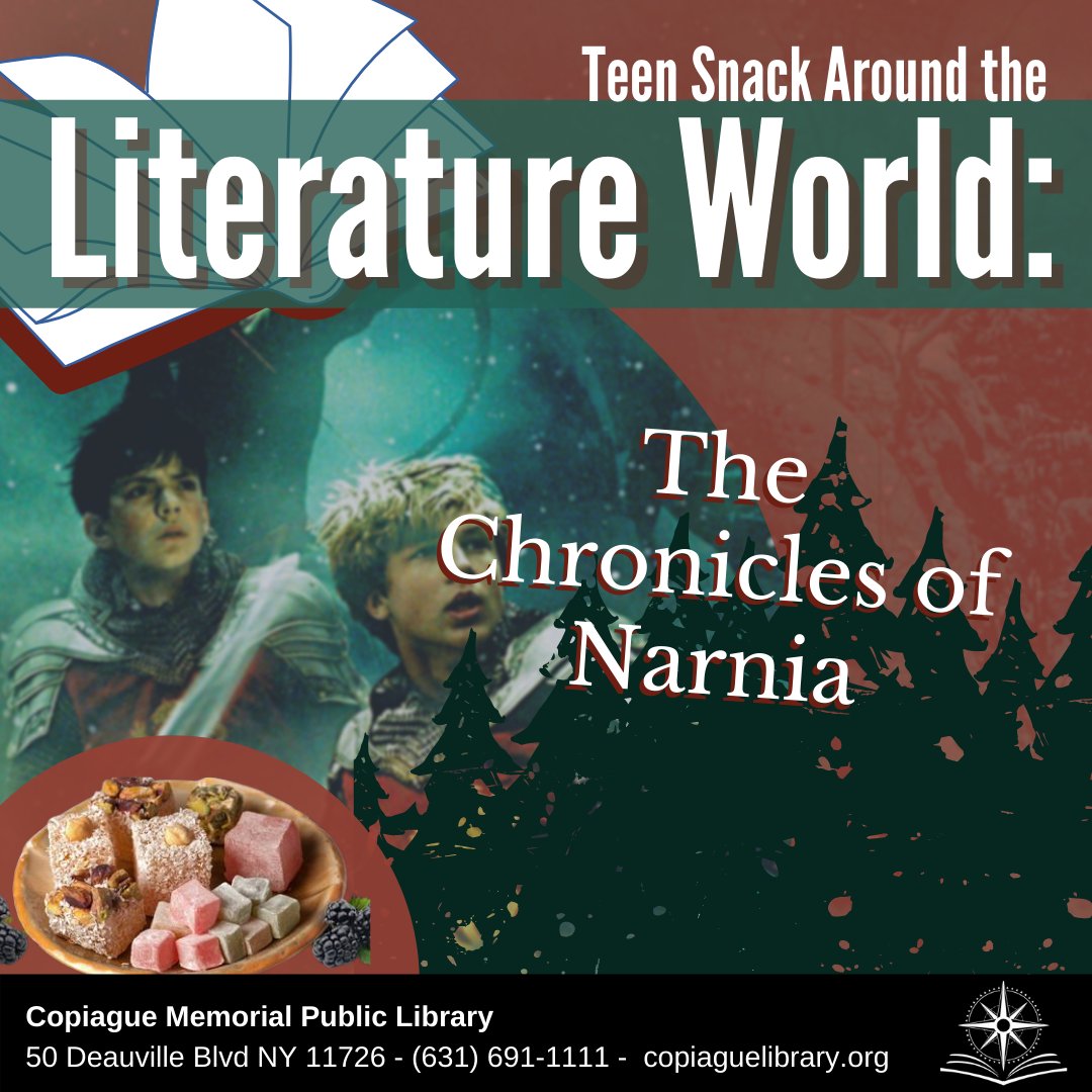 CopiagueLibrary's tweet image. Teen Snack Around the Literature World: The Chronicles of Narnia will be canceled for tonight and will be rescheduled to be done with Teen Game On next Friday November 12th at 7pm. 
Sorry for the inconvenience.
#CopiagueLibrary #CopiagueTeens #InPersonPrograms