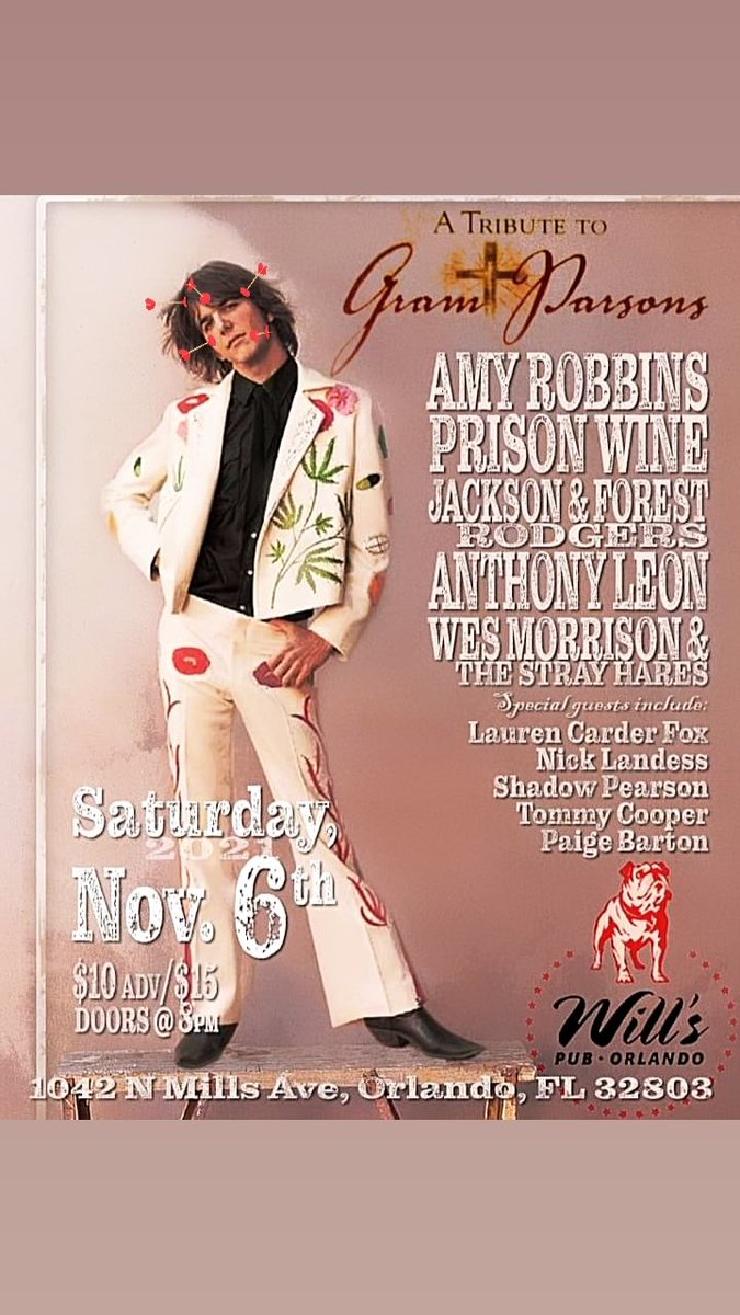 PrisonWine's tweet photo. Attention Gram Parsons fans in Central Florida! Tomorrow night at Wills Pub in Orlando is going to be a tribute to Gram! https://t.co/W8B4IqefK1