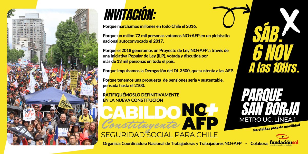 📢 <a href="/anefchile/">ANEF</a> se suma al llamado de la <a href="/CNT_NOmasAFP/">Coordinadora No+AFP</a> e invita a participar de los Cabildos Constituyentes que se realizarán en diversos puntos del país. 

🗓 Sábado 06 de noviembre
⏰10: 00 horas
📍 En Santiago: Parque San Borja

#CabildosConstituyentes #SeguridadSocialParaChile