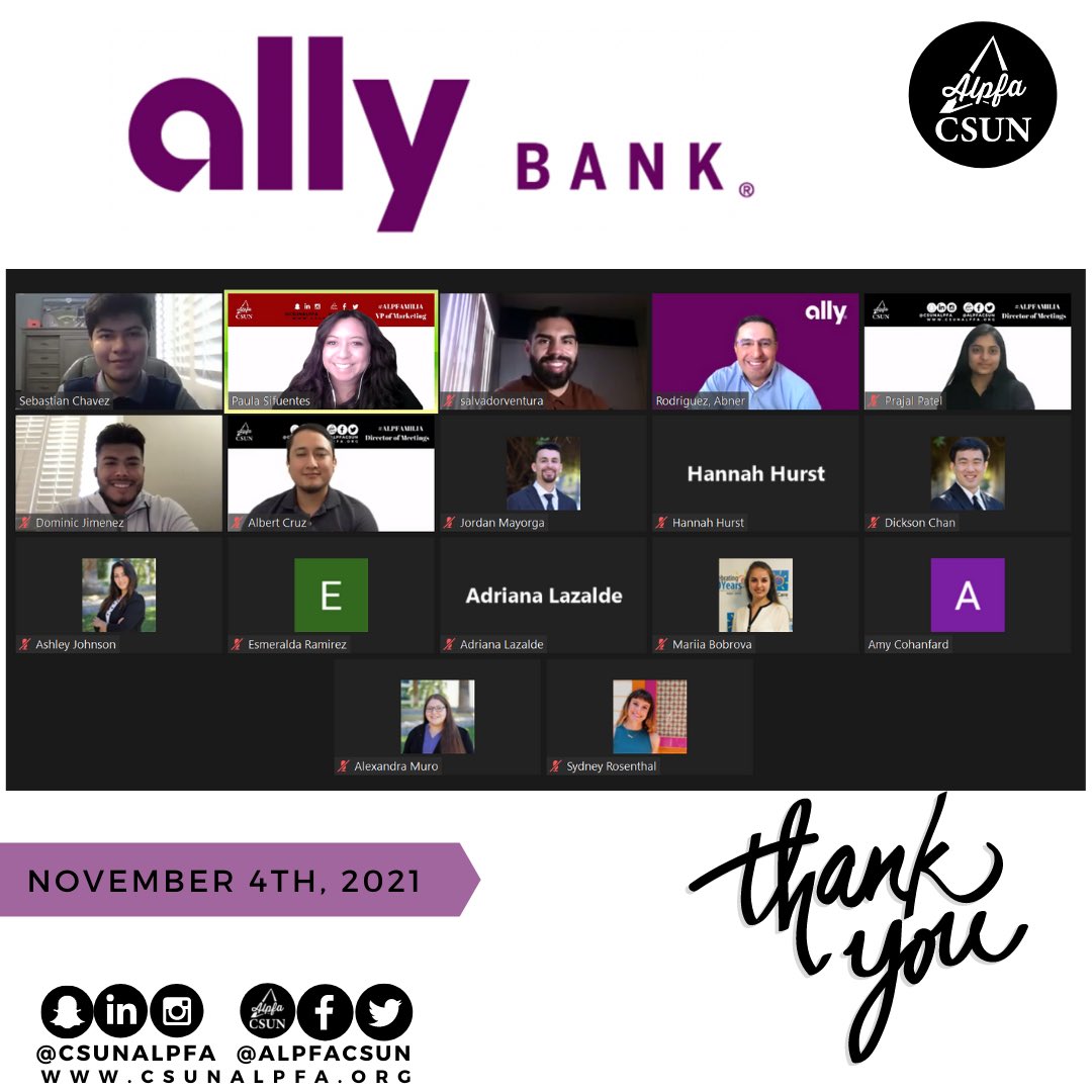 Thank you to everyone who came out to our meeting with Ally Bank. Don’t miss our next event!

#csunalpfa #ALPFA #alpfamilia #CSUN