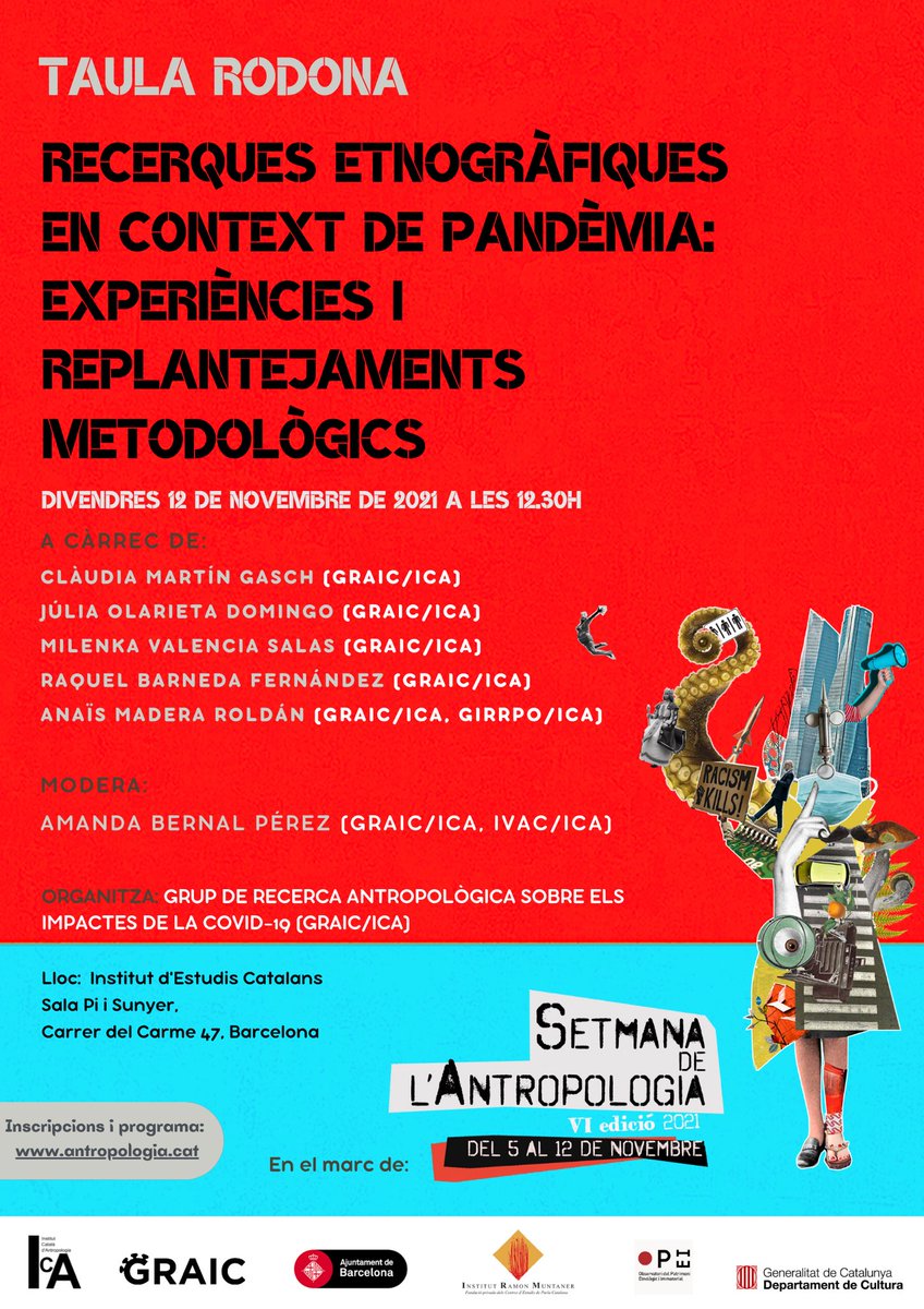 graic_ica's tweet photo. El proper 12 de novembre a les 12:30 h, no et perdis la taula rodona que hem organitzat en el marc de la #SetmanaAntropologia d’ @AntropologiaCat 

Inscriu-t’hi a través del formulari: https://t.co/zuJTSw3Wkp

@gencat @bcn_ajuntament https://t.co/SsWLvZNGGL