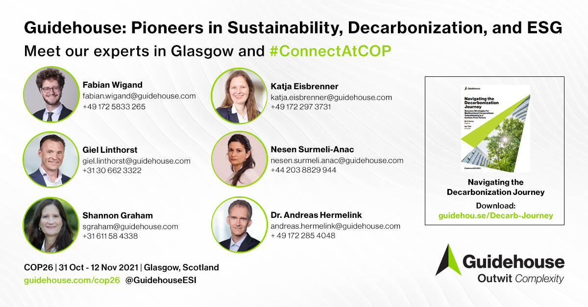 WeAreGHResearch's tweet photo. For decades, Guidehouse has partnered with organizations across industries to create holistic approaches to #sustainability, #decarbonization, and #ESG. Learn more from our #GuidehouseExperts and #ConnectAtCop! Learn more: https://t.co/qxbRGOfCgb #COP26 https://t.co/lmlWsOfGcY