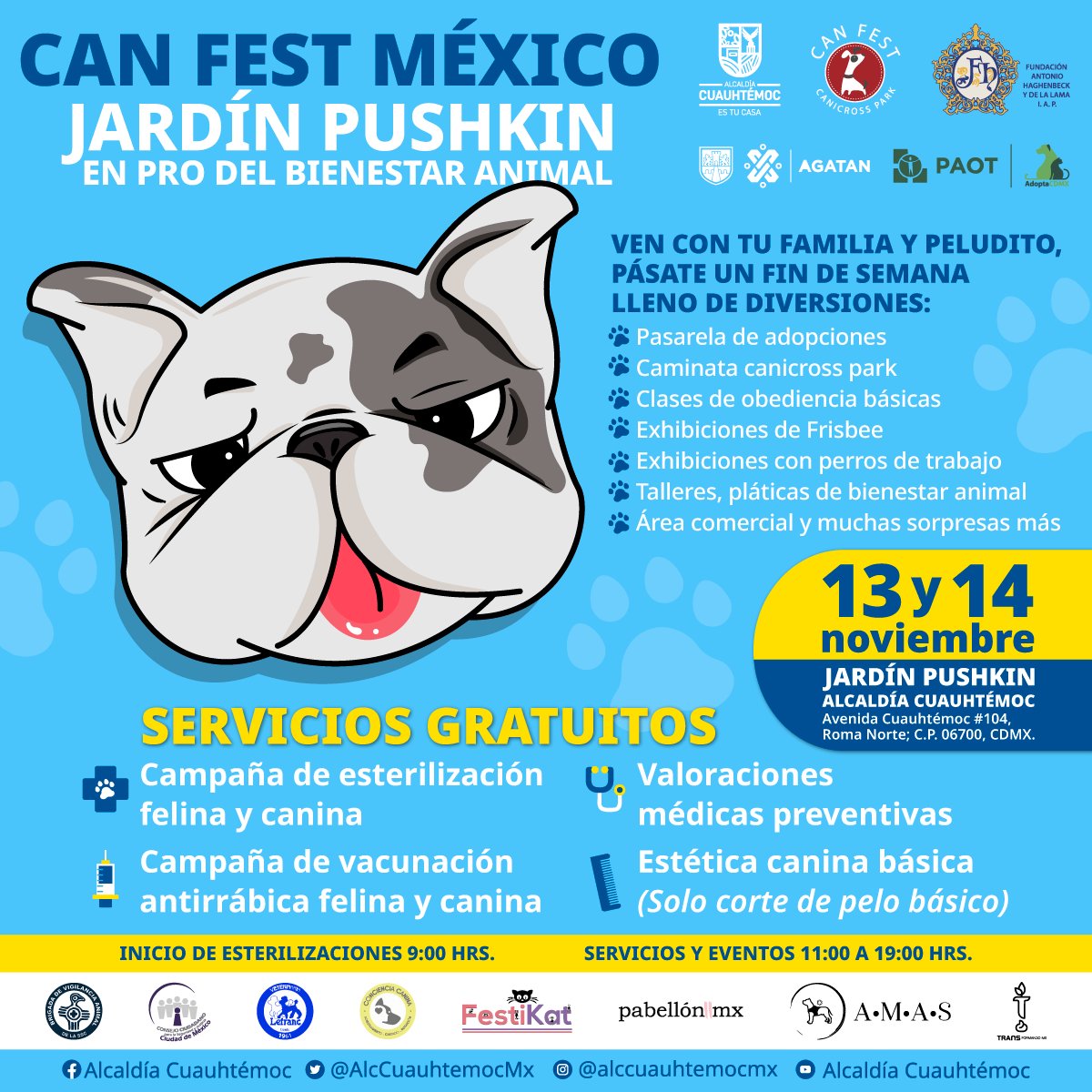 AlcCuauhtemocMx's tweet photo. Sabemos que los amiguitos peludos🐶🐱 son parte de la familia y su bienestar es de suma importancia,  por ello te invitamos al #CanFestMéxico.

🗓️13 y 14 de noviembre
⏰A partir de las 9:00 hrs
📍Jardín Pushkin

¡Asiste y diviértete con tu peludito! 
#CuauhtémocEsTuCasa🏠 https://t.co/wx0qd5R4A4