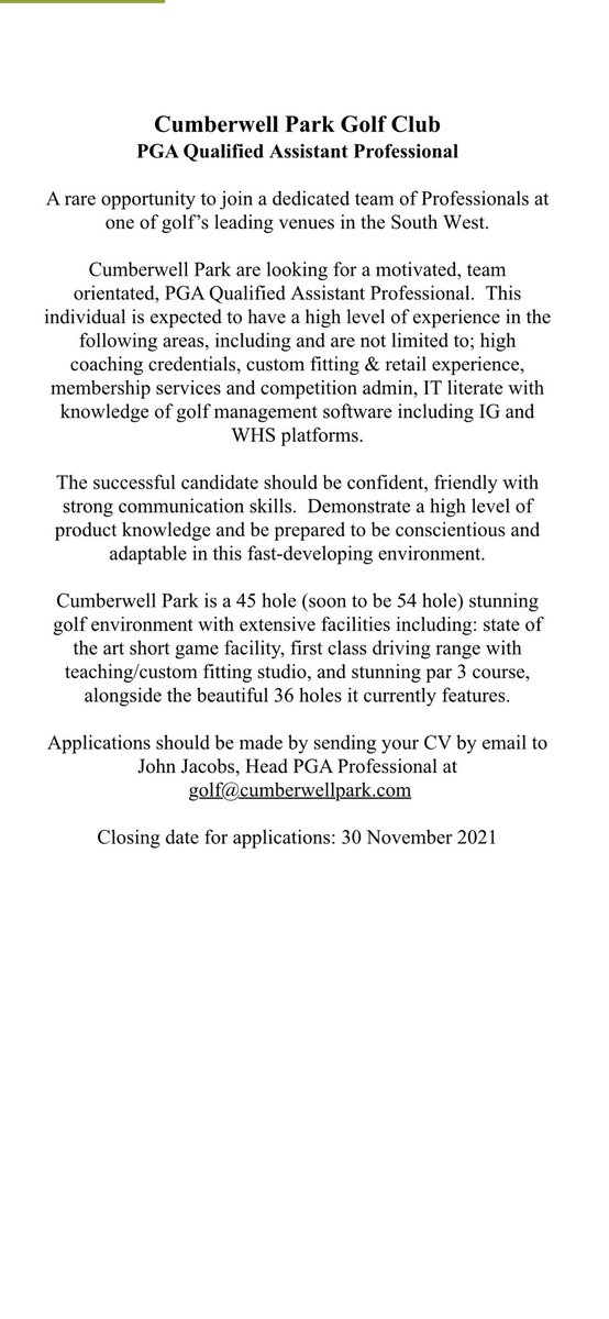 We are recruiting! A fantastic opportunity to join a great golf club and team <a href="/CumberwellPark/">Cumberwell Park</a> - closing date for applications is 30th November 2021.