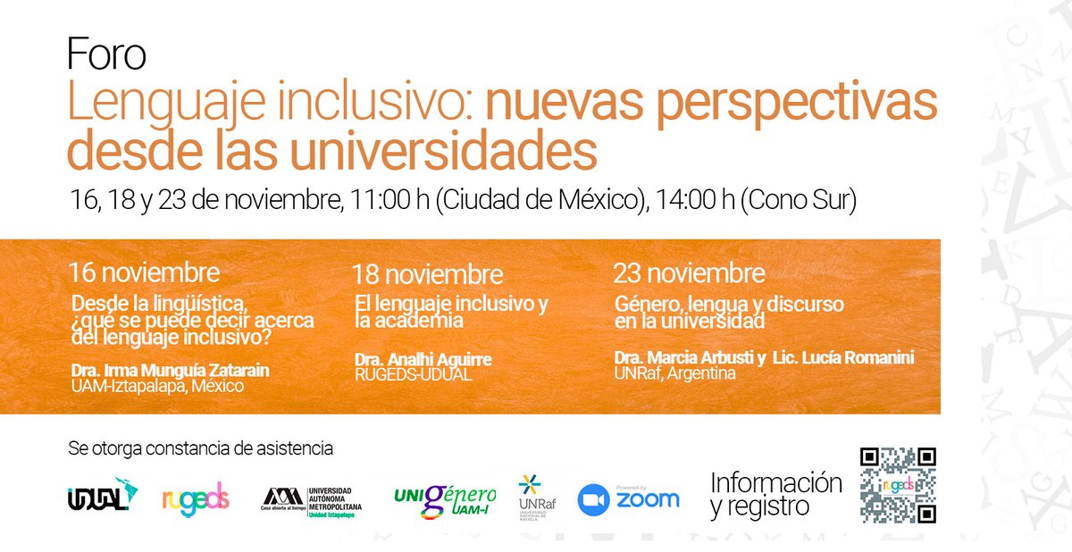 rugeds_'s tweet photo. ¡Próximos 16, 18 y 23 de noviembre!

Acompáñanos en el foro Lenguaje inclusivo: nuevas perspectivas desde las universidades.

Registro zoom gratuito https://t.co/bU3WsCA8Ud 

@unigenero @UAM_Iztapalapa @UDUAL https://t.co/CPtyxXsoml