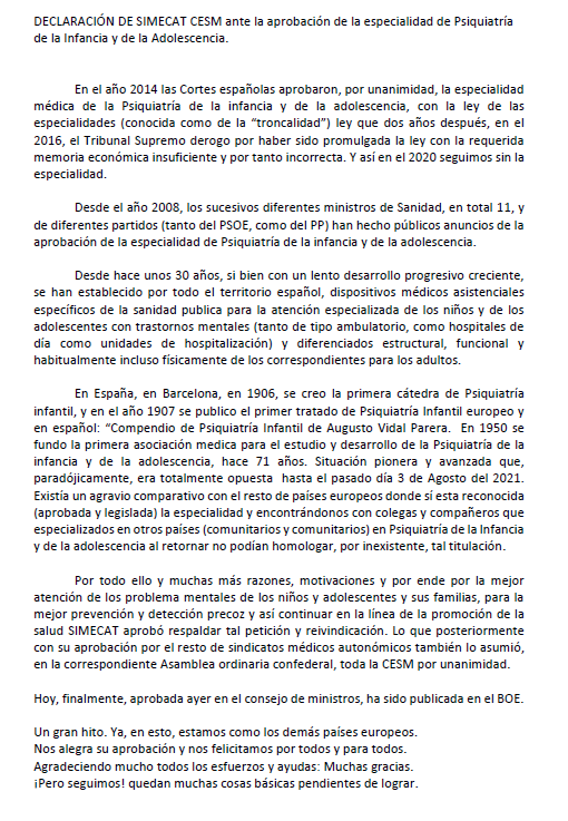 Estimad@s compañer@s,

a continuación compartimos una foto con el comunicado que se hizo hace unos meses acerca de la aprobación de la especialidad de Psiquiatría Infantil.

Esperamos vuestros comentarios y opiones para posibles debates!

Saludos y buen fin de semana.