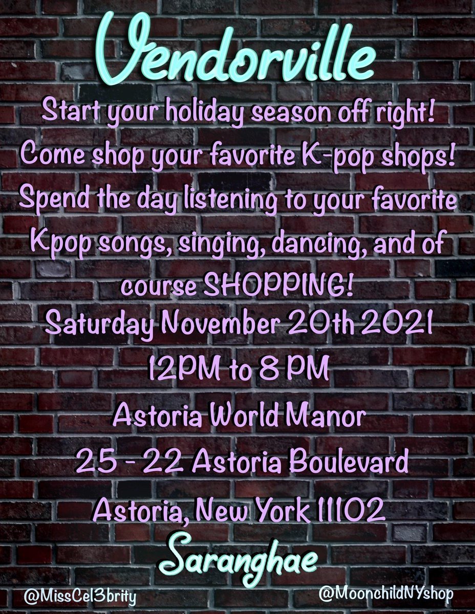 Come one come all if you like K pop or know someone that does This is a great opportunity to come hang out enjoy your favorite K pop music sing dance and of course a shop 💜🥰

$5 per person entry fee (includes and special thank you goody bag)
@MoonchildNYshop
#KPOP #vendorville