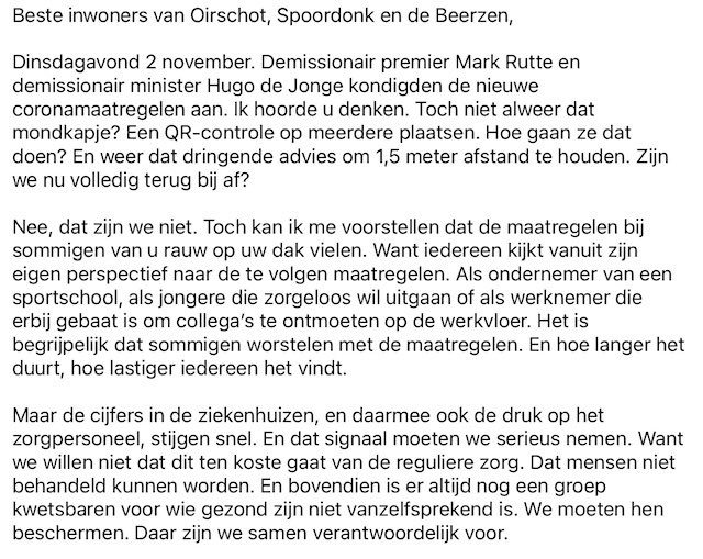 BgmOirschot's tweet photo. Het coronavirus houdt ons langer in de greep dan gehoopt maar als samenleving vormen we zelf de oplossing om uit deze situatie te komen. Door samen op te trekken en met onze gezamenlijke goede wil gaat ons dit lukken! Hierover schreef ik vandaag een brief aan alle inwoners🔽 https://t.co/O2t7mYiOBJ