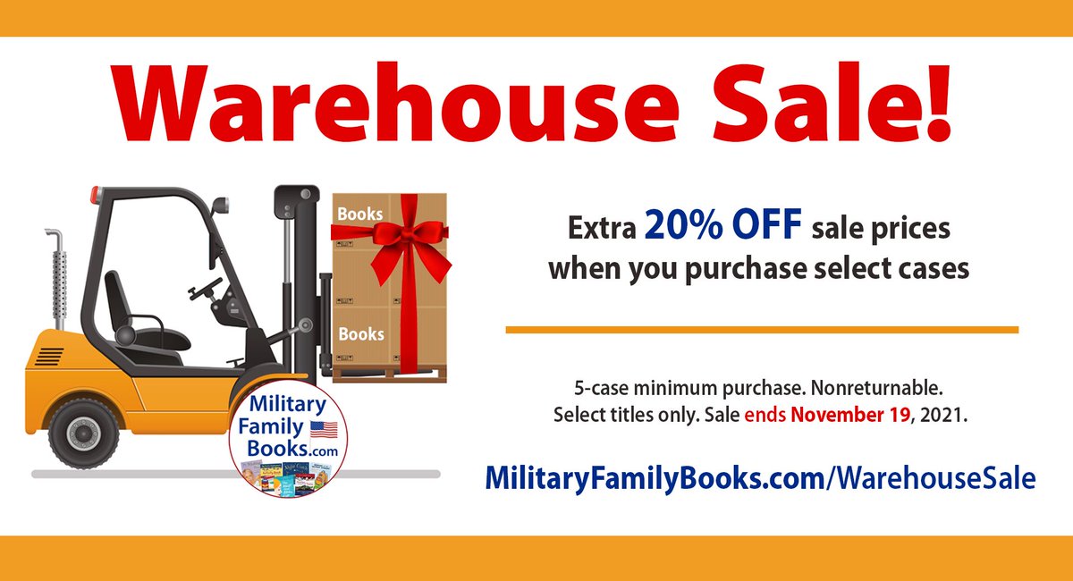 2 weeks only (thru Nov 19): our biggest Warehouse Sale of the year! Extra 20% off + free shipping, select cases, 5-case minimum. Perfect for #militaryfamily holiday gatherings! #MilitaryFamilyAppreciationMonth  #militarykids #milspouses #militaryfamilies militaryfamilybooks.com/WarehouseSale