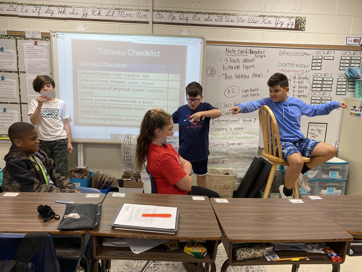 mrsabbyher's tweet photo. Historical figure tableau rehearsal. Some students were absent, so we learned about understudies and are prepared for our performance.🎭 Can you guess the scene and famous American this represents? @oges_fifth @OGESeagles #artintegration https://t.co/98lRiVVvcq