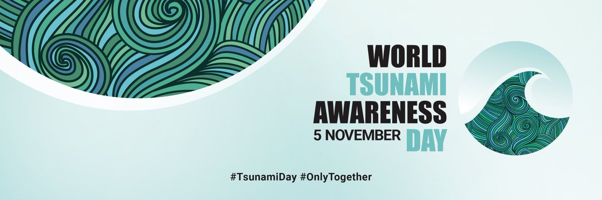 Promotional graphic with tsunami wave icon reading World Tsunami Awareness Day is November 5 with #TsunamiDay