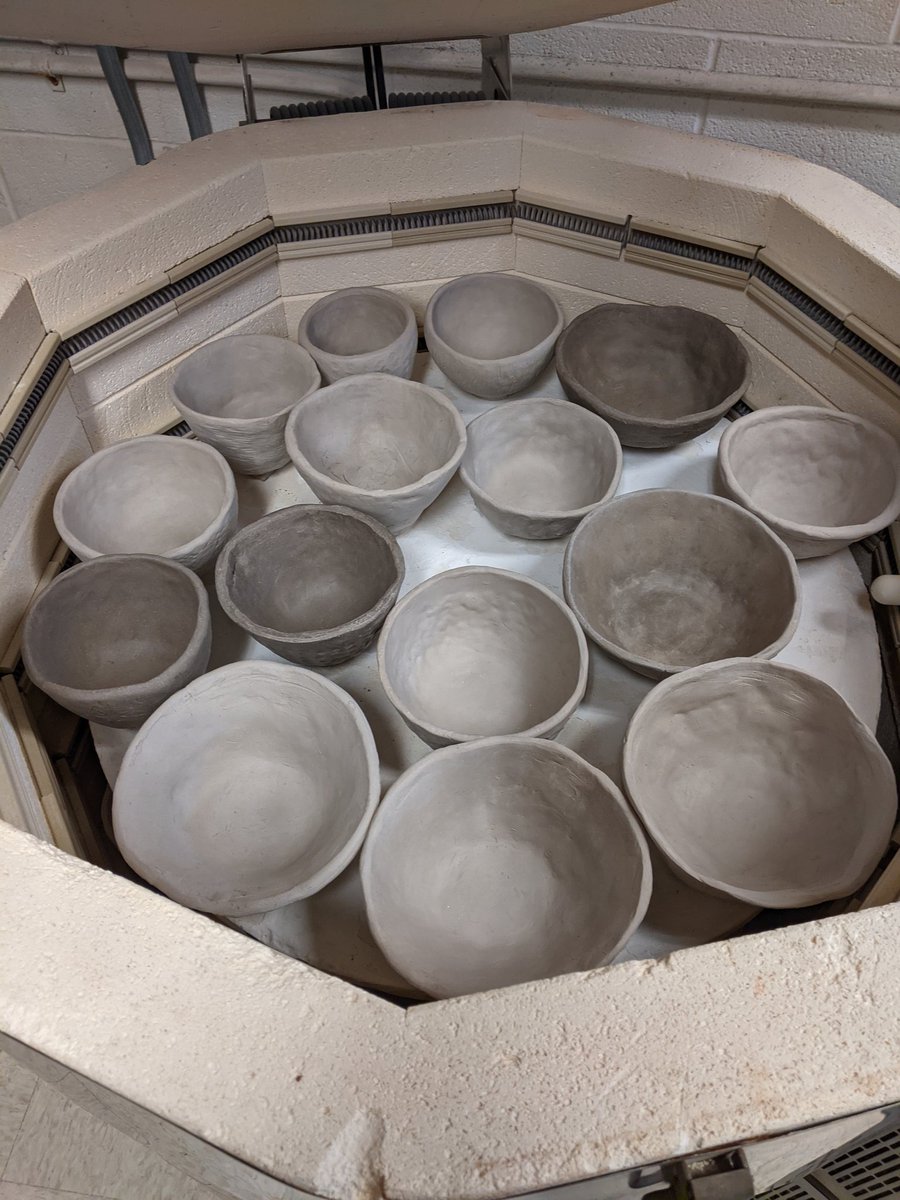 QOCeramics's tweet photo. It's fire Friday! 🔥 All the tea bowls are getting dried out and bisque fired this weekend! #ceramics #firstproject #texturedteabowls #kilns #bisque https://t.co/OX6L1LQJdz