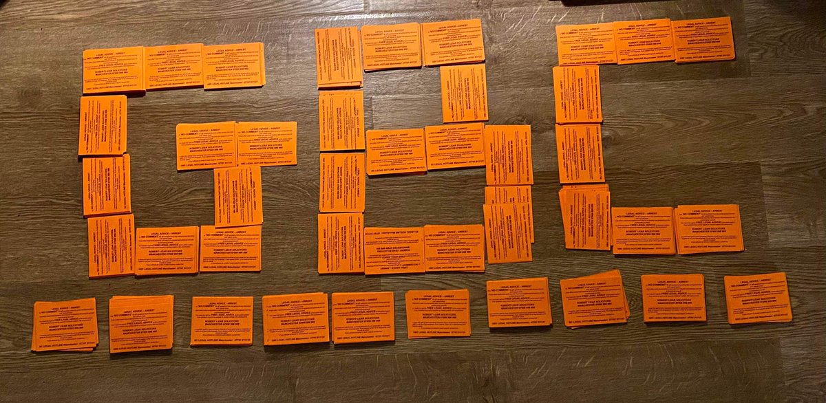 GBCMANCHESTER's tweet photo. Fresh bust cards just picked up from the printers ready for a busy weekend in Manchester. Look out for us at the @Cop26coalitionM demo and @abookfair #manchester #protest #legalobserver #nocomment #COP26 https://t.co/knf1930SqG