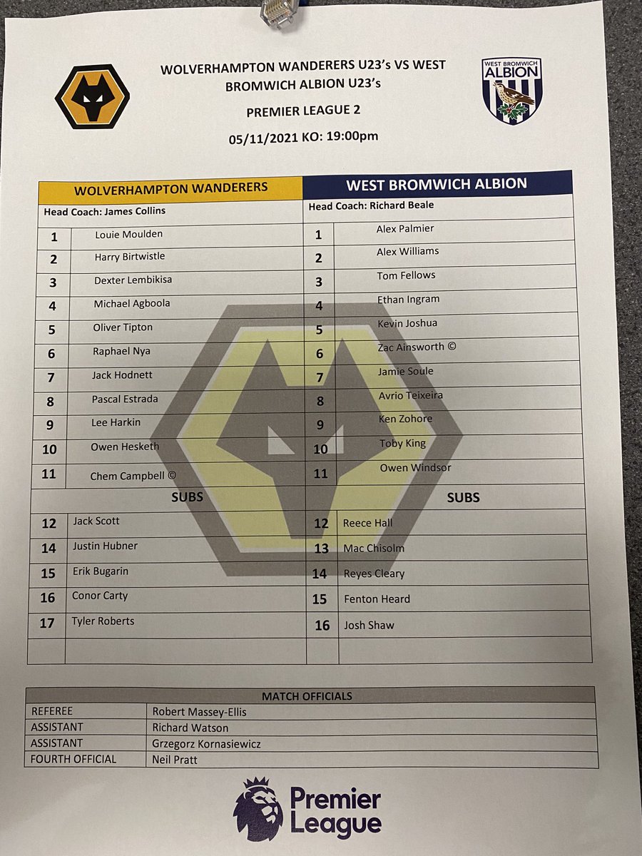 liamhjournalism's tweet photo. Here is the team sheet for tonight’s game that sees @WolvesAcademy vs @WBA. I will be tweeting live match updates. #Wolves #WBA #Prem2 #UOGWolves https://t.co/l622UKpvgT