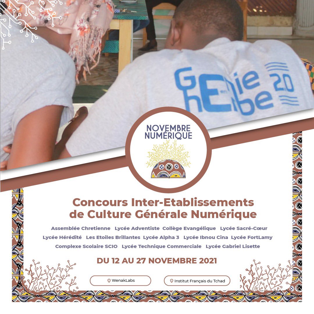 SNladny's tweet photo. 💻La 7eme édition du #NovembreNumerique a été lancée au #Tchad.
Plusieurs événements phares sont en vue. Parmi eux:
✅Le Hackaton👉🏽 https://t.co/xzoV5H00oB
✅La formation en montage vidéo👉🏽 https://t.co/aGdz4mliZW
✅Le concours inter-établissements
Infos: @WenakLabs https://t.co/c9XBw3GYFo