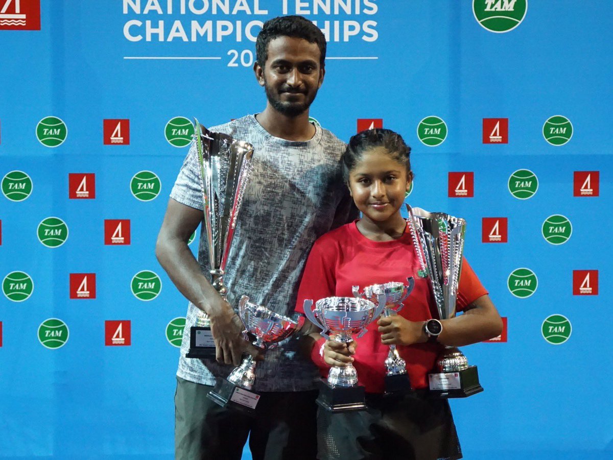 NihuRiza's tweet photo. Congratulations Naba Nishan 

Naba has won BML Tennis National Championship in 3 categories. 
1- Women's open singles
2- junior opens singles
3- Women's open doubles

First time that an 11 year old had won these 3 categories. 
@tennismv1 @MoYSCEmv @nishoe @AhmedMahloof https://t.co/zekqkVDKTV