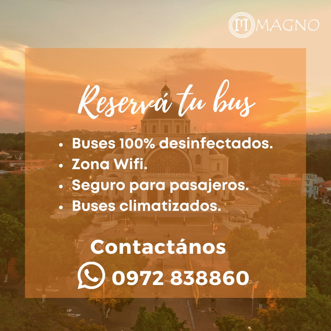 MagnoLinea12's tweet photo. Disfruta de una experiencia única, una excursión privada con tu familia o amigos.
¡Te llevamos hasta Caacupé! 🙌🏻⛪
Contactános 0972 838860
#MagnoLínea12 #Expresos https://t.co/Jwl3SjjbGC