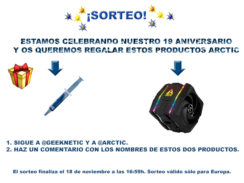 💥#SORTEO💥

🎁Sorteamos 2 productos Arctic para celebrar el 19 aniversario de #Geeknetic.🎉

Para participar:
✅Sigue a <a href="/Geeknetic/">Geeknetic</a> y a <a href="/ARCTIChannel/">ARCTIC</a>. 
✅Comenta indicando el nombre de los productos de la foto. 

¡Suerte!🍀

Tienes de plazo hasta el 18 de noviembre a las 16:59h.