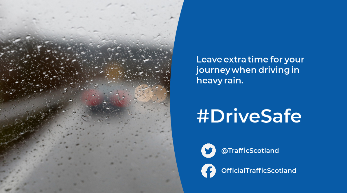 trafficscotland's tweet photo. When heavy rain is affecting your route please #SlowDown #BeVigilant & #LeaveExtraTime for your journey‼️
Please drive according to conditions 🚘 https://t.co/75Czhet3Jc