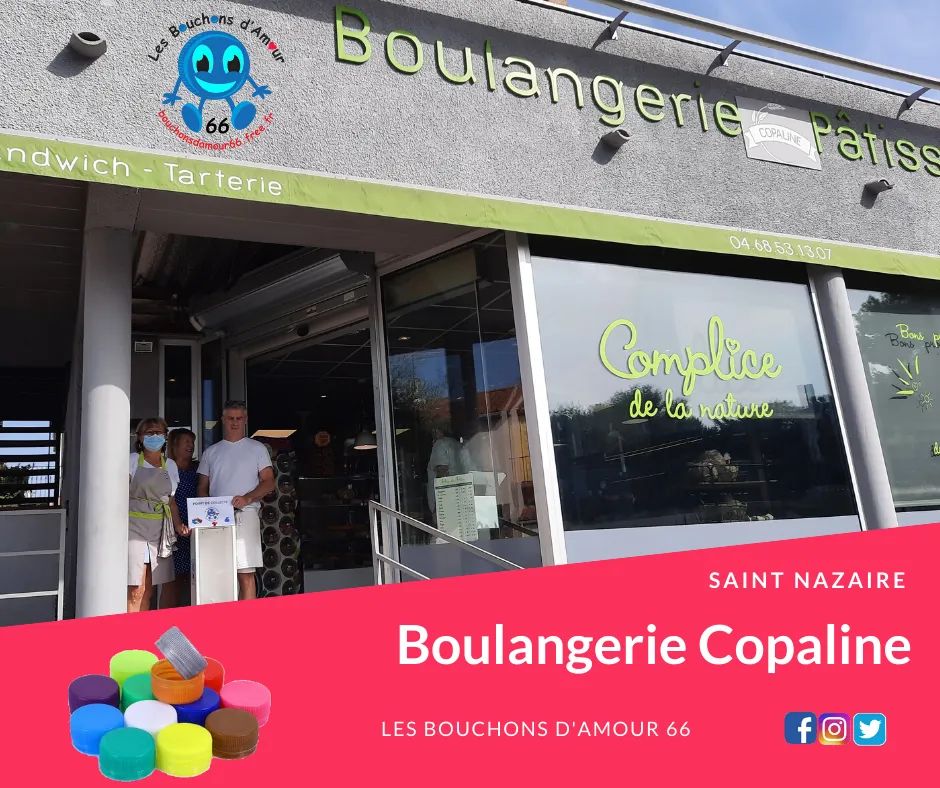 Bouchons66's tweet photo. NOUVEAU A SAINT NAZAIRE !
Déposez vos bouchons à la boulangerie COPALINE, 2 Av  de Paris, Saint-Nazaire
Merci !
#PerpiMetropole #PaysCatalan #PyreneesOrientales #solidarité #handicap #ecologie #recyclage #bouchonsdamour #Perpignan #Roussillon #developpementdurable #ecogeste https://t.co/kkRo4bjl9V