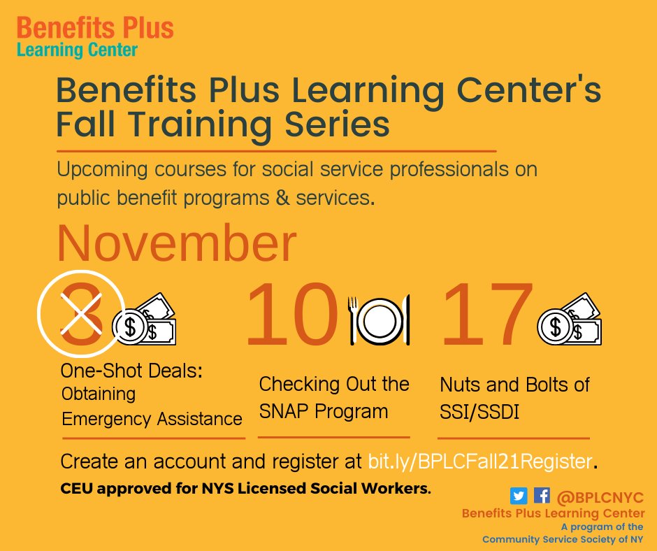 BPLCNYC's tweet photo. .@BPLCNYC's Fall 2021 Training Series is underway https://t.co/OPZX7czFPE.
Next week's training is on #SNAP (formerly known as #FoodStamps). Register at https://t.co/ZdhSrHmoG7.
Webinars are #CEU approved for #LMSW and #LCSW in #NYS.
#Food #PublicBenefits #EBT #socialworkWORKS https://t.co/XgBnuRQCi3